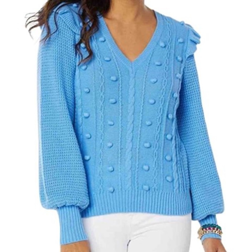 Lilly Pulitzer Greta V-Neck Cable Knit Sweater Blue Boho Feminine Ruffle Sz L
